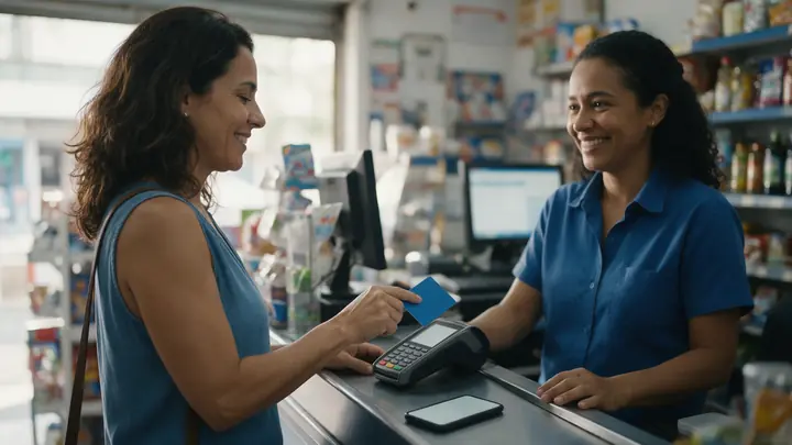 Mulher pagando com cartão azul na maquininha do caixa de um mercado de bairro