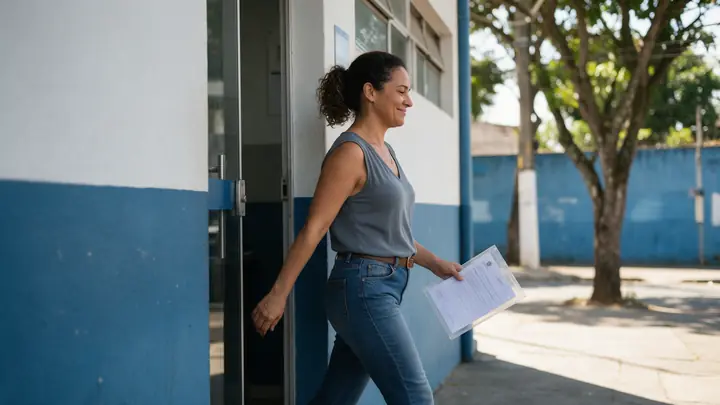 Mulher saindo de um prédio público para a calçada ensolarada com um documento numa capa plástica