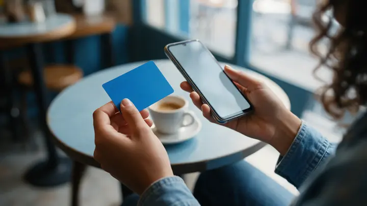 Mãos de jovem segurando um cartão azul novo e o celular sobre a mesa de um café