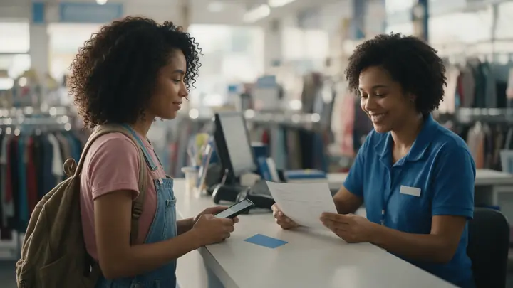 Jovem conversando com a atendente no balcão de uma loja de departamentos, com um cartão azul sobre o balcão