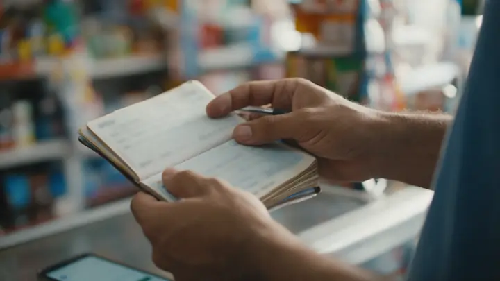 Mãos de homem segurando um talão de cheques antigo sobre o balcão de um pequeno comércio