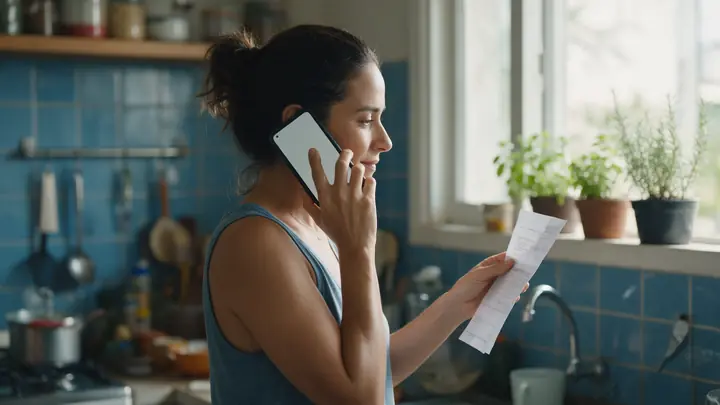 Mulher na cozinha falando ao celular com uma conta impressa na mão, contestando uma cobrança