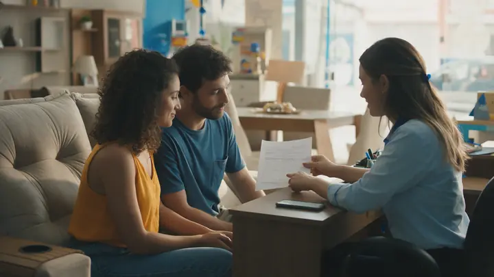 Casal jovem sentado à mesa da vendedora numa loja de móveis, conversando sobre o pagamento do sofá novo