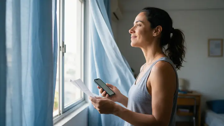 Mulher à janela de casa segurando um papel e o celular, com expressão aliviada, entre cortinas azul-claras