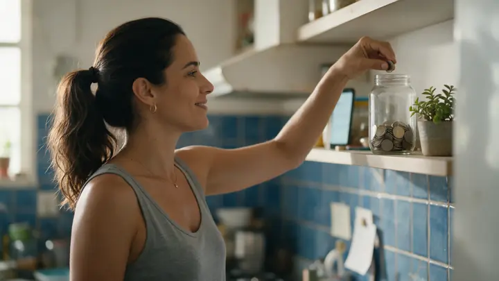 Mulher colocando moedas num pote de vidro na prateleira da cozinha, com um leve sorriso