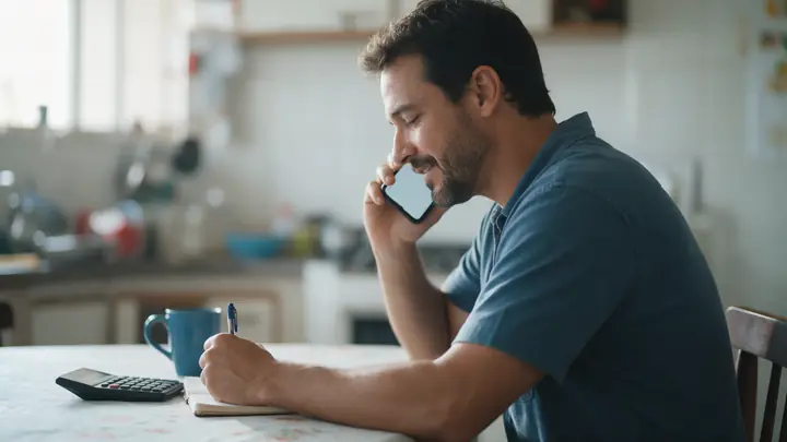 Homem à mesa da cozinha anotando num caderno enquanto fala ao celular, com calculadora e caneca azul