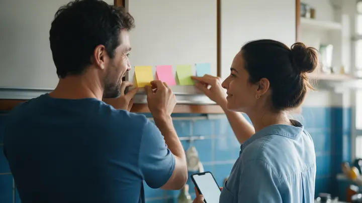 Casal colando bilhetes coloridos em fila na porta do armário da cozinha, planejando juntos