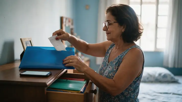 Senhora guardando um comprovante de pagamento numa pasta azul de documentos sobre a cômoda