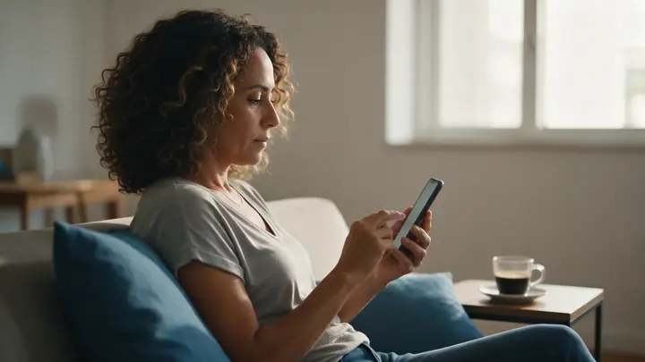 Mulher de cabelo cacheado sentada no sofá de casa consultando o celular com calma, ao lado de uma xícara de café