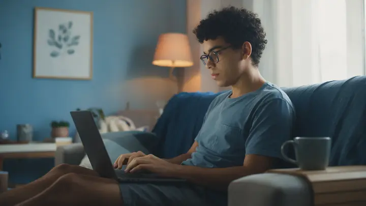 Rapaz de óculos no sofá com o notebook no colo escrevendo uma reclamação à noite