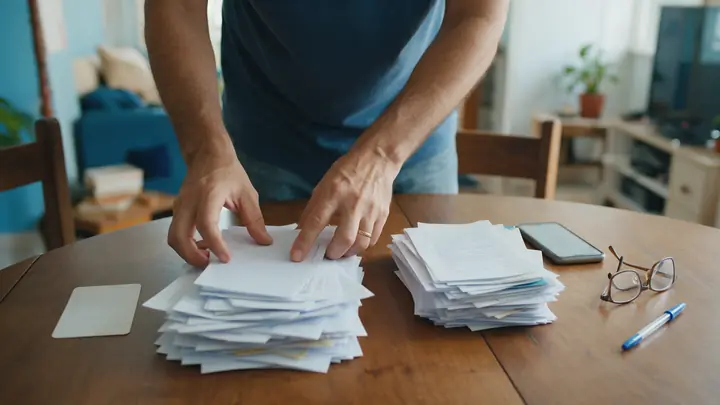 Mãos de homem separando documentos em duas pilhas sobre a mesa de madeira, com celular e óculos ao lado