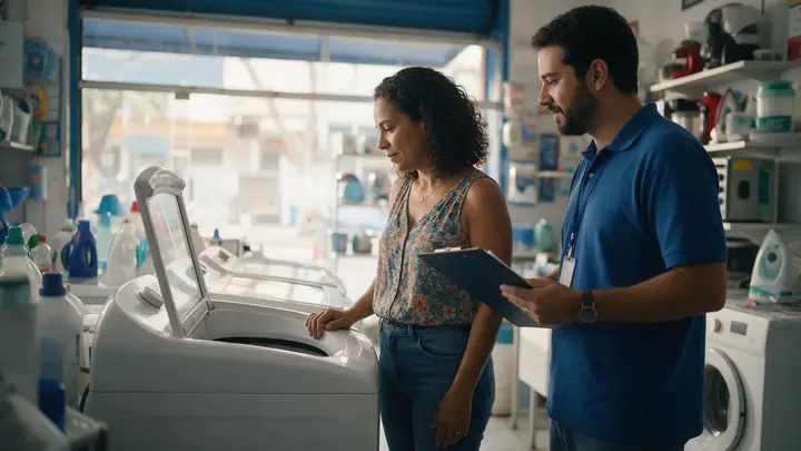 Mulher conversando com o vendedor ao lado de uma máquina de lavar numa loja de eletrodomésticos