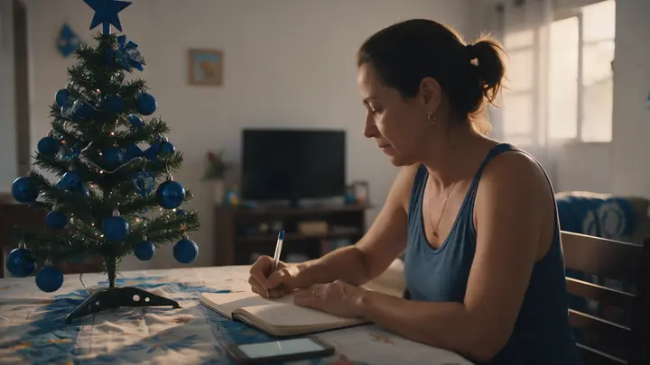 Mulher anotando num caderno na sala de casa em dezembro, ao lado de uma pequena árvore de Natal