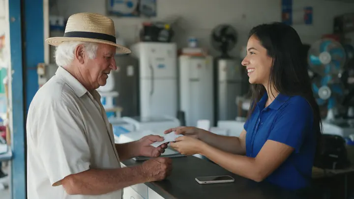 Senhor de chapéu de palha recebendo um recibo da vendedora no balcão de uma loja de eletrodomésticos