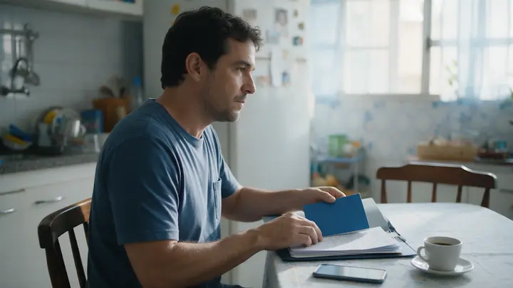 Homem à mesa da cozinha organizando documentos numa pasta pela manhã, com café e celular ao lado