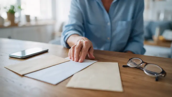 Três envelopes lado a lado sobre a mesa, com celular e óculos, enquanto a mão de uma senhora compara os papéis