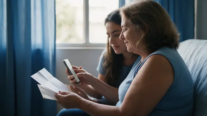 Senhora junto à janela segurando uma carta antiga do banco enquanto a filha a ajuda pelo celular