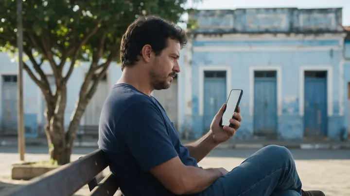 Homem sentado no banco de uma praça do interior olhando o celular com expressão séria e calma
