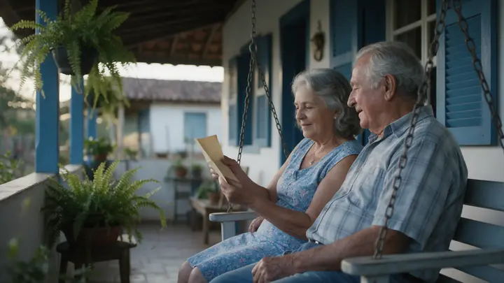 Casal de idosos no balanço da varanda lendo juntos uma carta antiga e amarelada