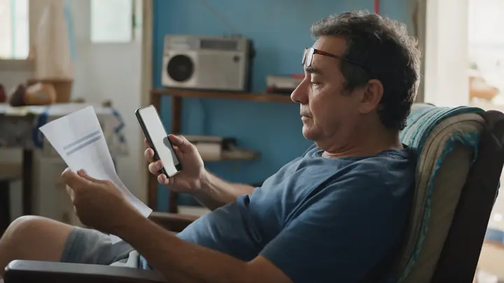 Senhor na poltrona de casa segurando o celular e uma conta de telefone impressa, com os óculos na testa