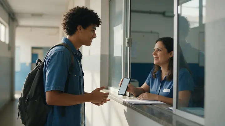 Estudante de mochila conversando com uma funcionária na janela de atendimento da faculdade