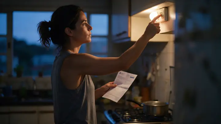 Mulher acendendo a luz da cozinha ao entardecer com a conta de luz impressa na mão