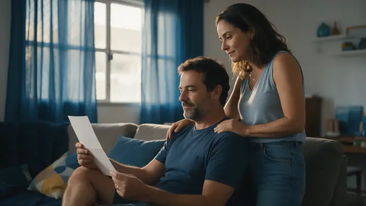 Marido sentado no sofá segurando um papel e a esposa ao lado com a mão no ombro dele, na sala