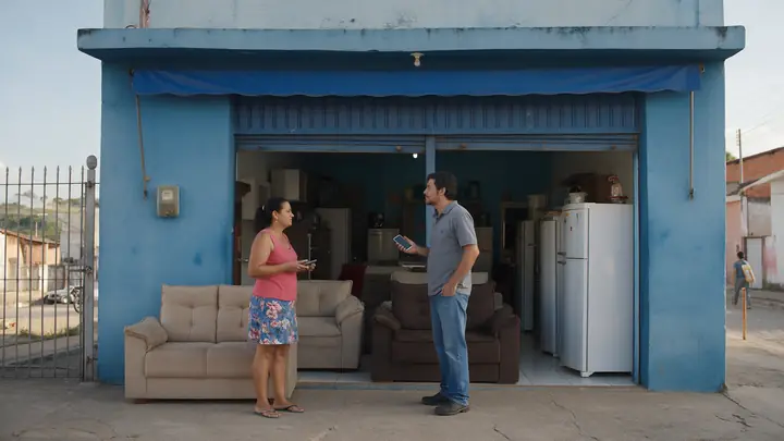 Cliente conversando com o dono de uma loja de móveis e eletrodomésticos na porta, numa cidade do interior