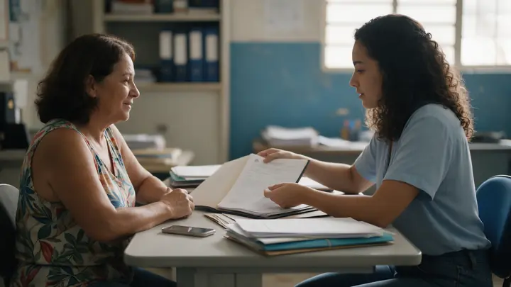 Mulher conversando com uma conciliadora numa sala simples, as duas olhando um documento numa pasta aberta