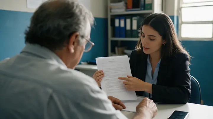 Senhor ouvindo uma jovem advogada explicar um documento impresso num escritório simples