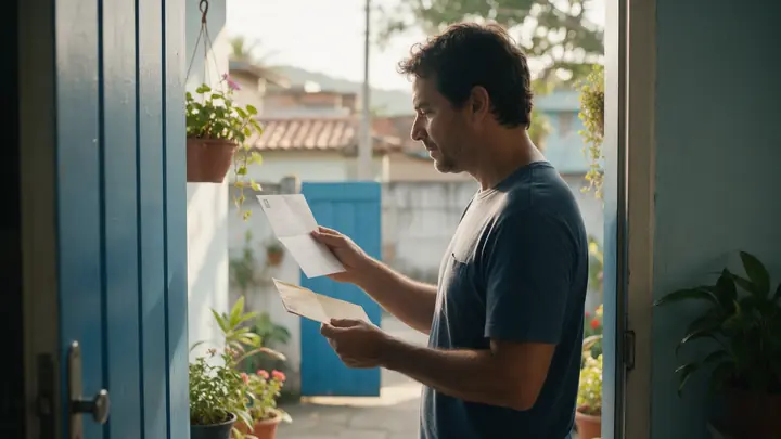 Homem na porta de casa comparando duas cartas de cobrança, uma em cada mão