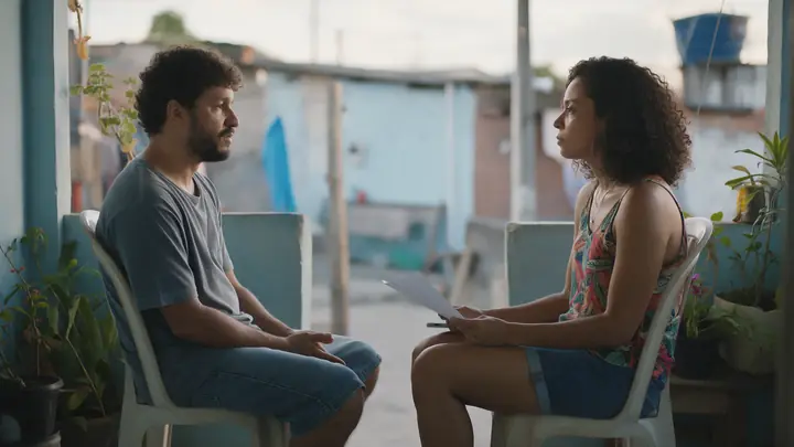 Dois amigos conversando a sério na varanda, ela segurando uma folha de papel
