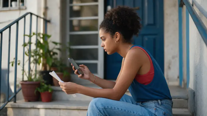 Jovem sentada na escada da entrada do prédio olhando o celular com cautela, com um papel dobrado na mão