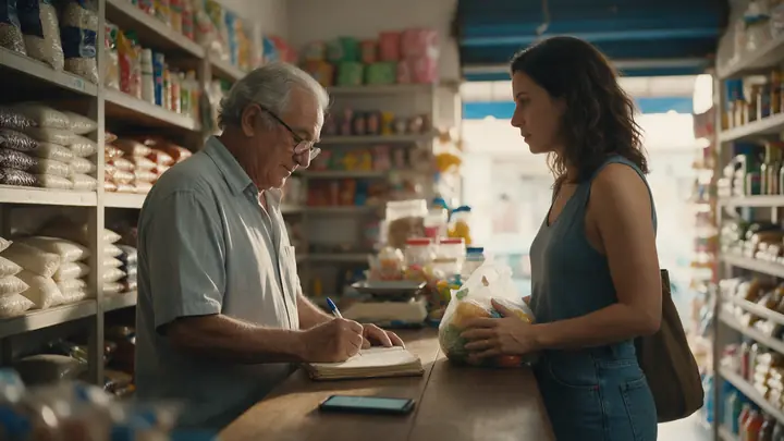 Dono de mercadinho anotando numa caderneta enquanto a cliente espera com as compras no balcão