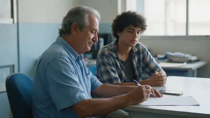 Senhor segurando a caneta sobre um documento antes de assinar, com um parente mais jovem ao lado