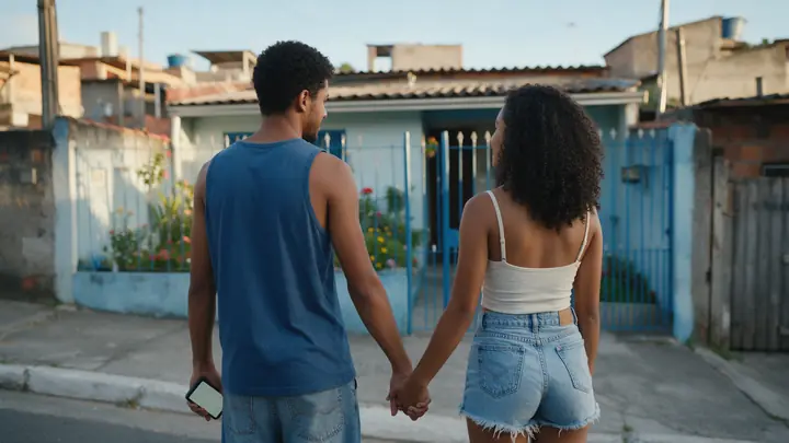 Casal jovem de mãos dadas na calçada olhando uma casa simples de portão azul no fim da tarde