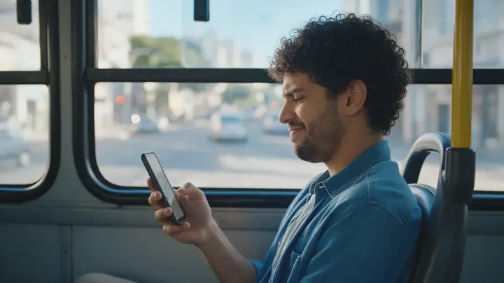 Rapaz sentado no ônibus olhando o celular com desconfiança, com a rua desfocada pela janela