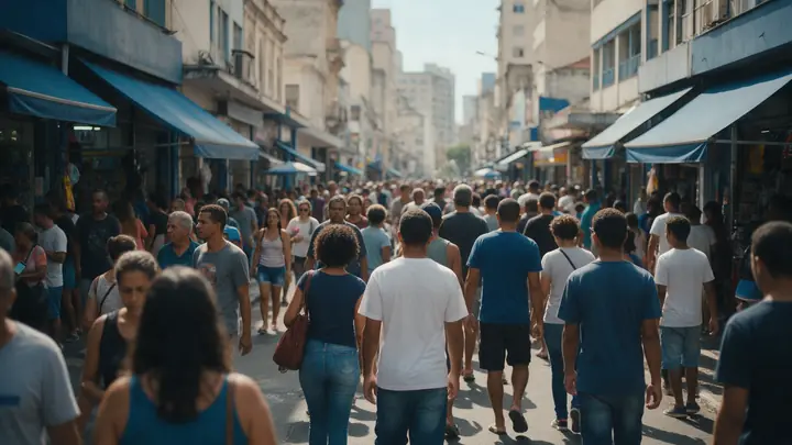 Rua de pedestres movimentada no centro de uma cidade brasileira, com pessoas de várias idades caminhando