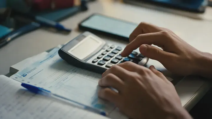 Mãos de rapaz fazendo contas na calculadora ao lado de um boleto e de um caderno