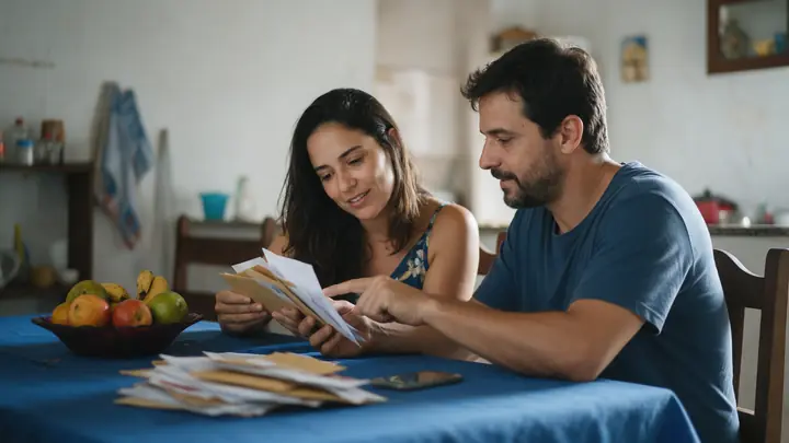 Casal sentado lado a lado à mesa de jantar conferindo juntos uma pilha de envelopes e papéis