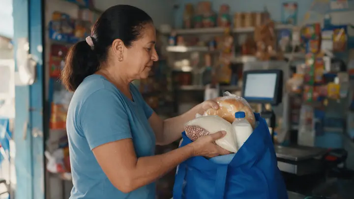 Mulher guardando arroz, feijão, leite e pão numa sacola azul reutilizável no mercadinho do bairro