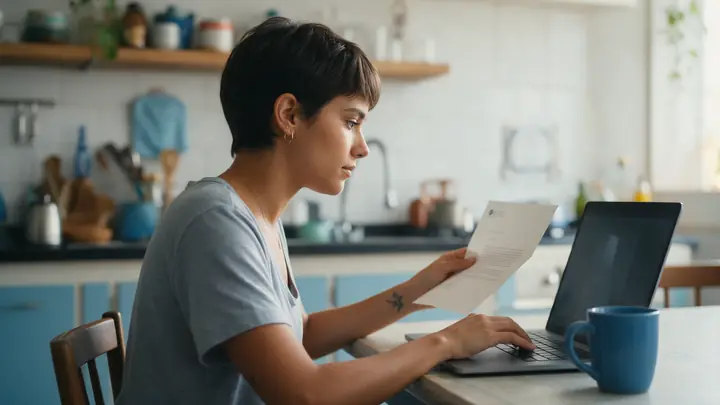 Jovem de cabelo curto à mesa da cozinha escrevendo uma contestação no notebook com uma carta na mão