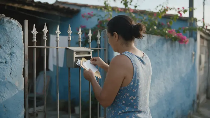 Mulher no portão de casa retirando envelopes da caixa de correio, junto a um muro azul com flores
