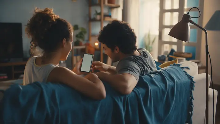 Casal jovem no sofá olhando juntos o celular para negociar uma dívida pela internet