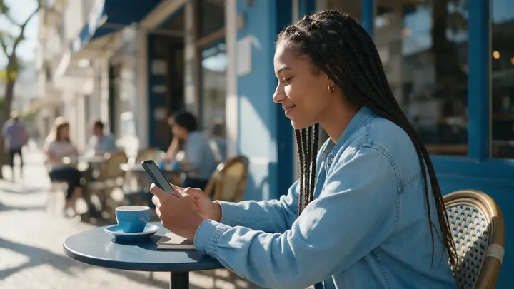 Jovem de tranças sentada à mesa de um café na calçada usando o celular com um leve sorriso