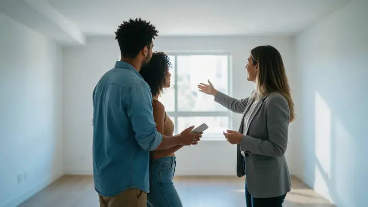 Casal jovem visitando um apartamento vazio para alugar com a corretora, na sala iluminada