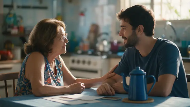 Mãe idosa tranquilizando o filho adulto com a mão no braço dele, à mesa da cozinha com café