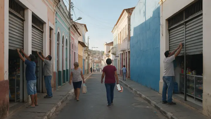 Rua comercial de cidade do interior pela manhã, com lojistas abrindo as portas de aço e pedestres na calçada
