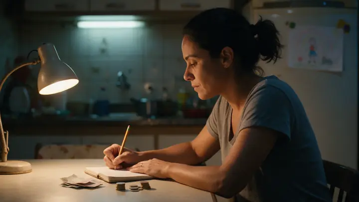 Mãe à mesa da cozinha à noite fazendo contas num caderno ao lado de algumas notas e moedas
