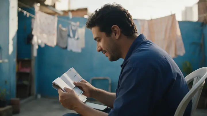 Homem de camisa de trabalho azul sentado no quintal folheando um carnê de parcelas, com roupas no varal ao fundo